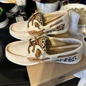 Sperry Women's Cream and Tan Loafers with Animal Print